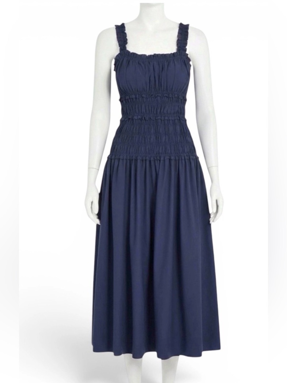 Caroline Constas Smocked Cotton Ruffle Midi Dress Navy Blue NWT